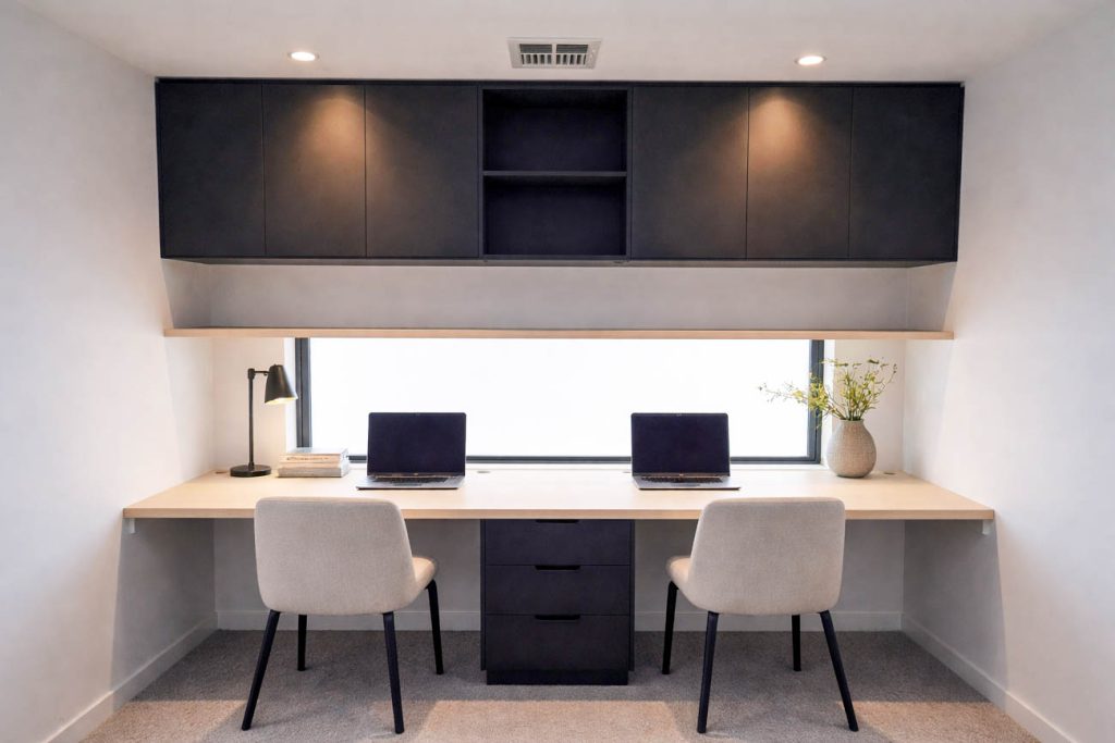 Built-in study desk with overhead storage