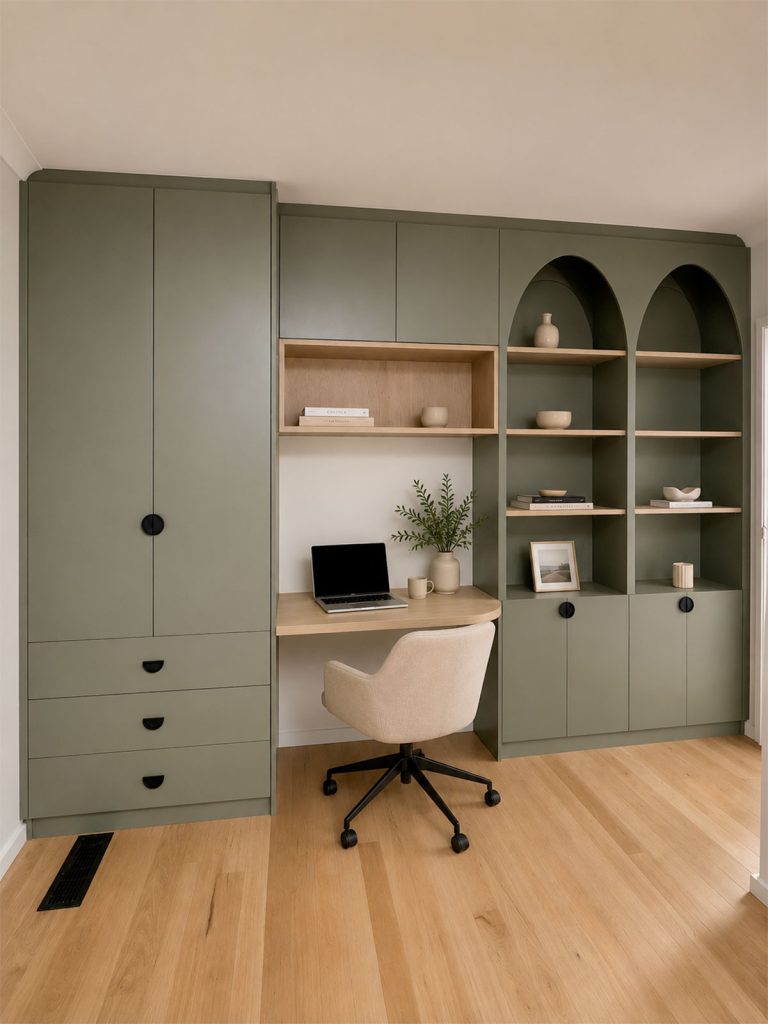 Home office joinery with desk, drawers and storage