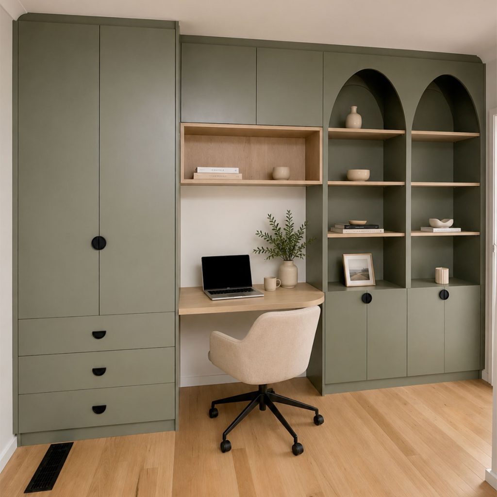 Custom home office with built-in desk and shelving, Melbourne