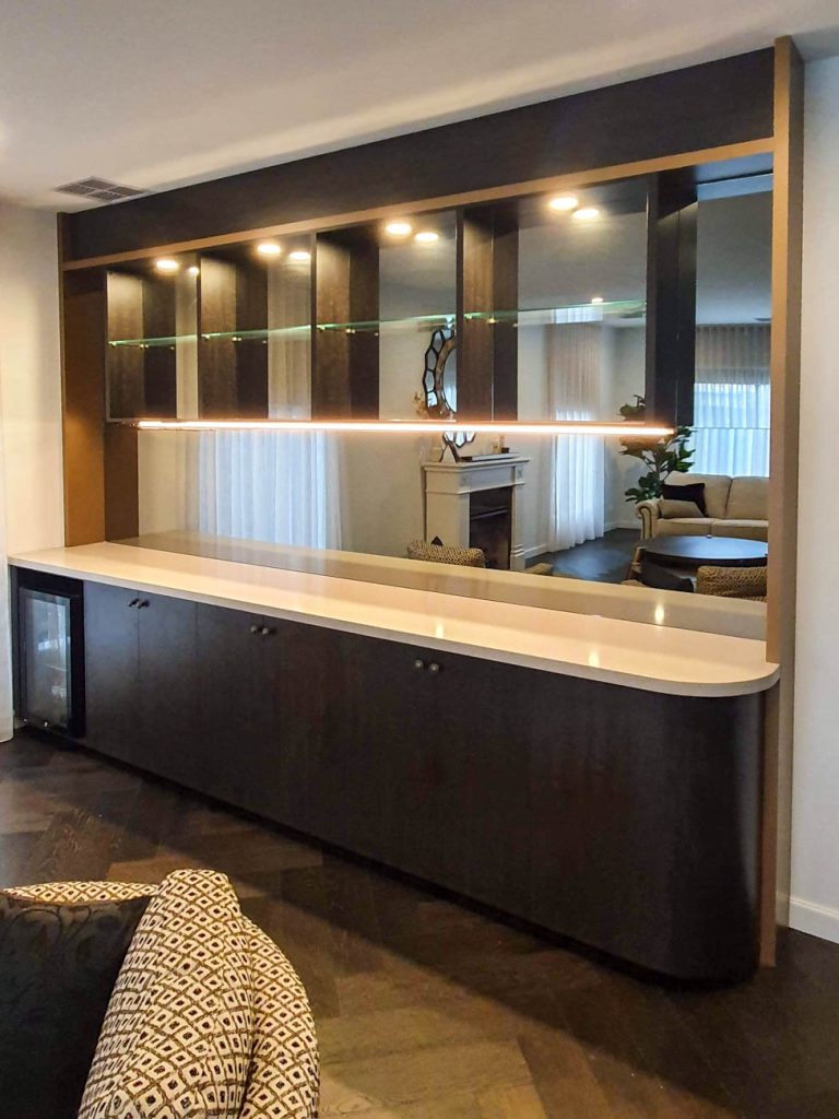 Living room cabinetry with floating shelves