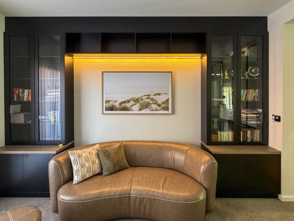 Living room bookshelves and custom cabinetry